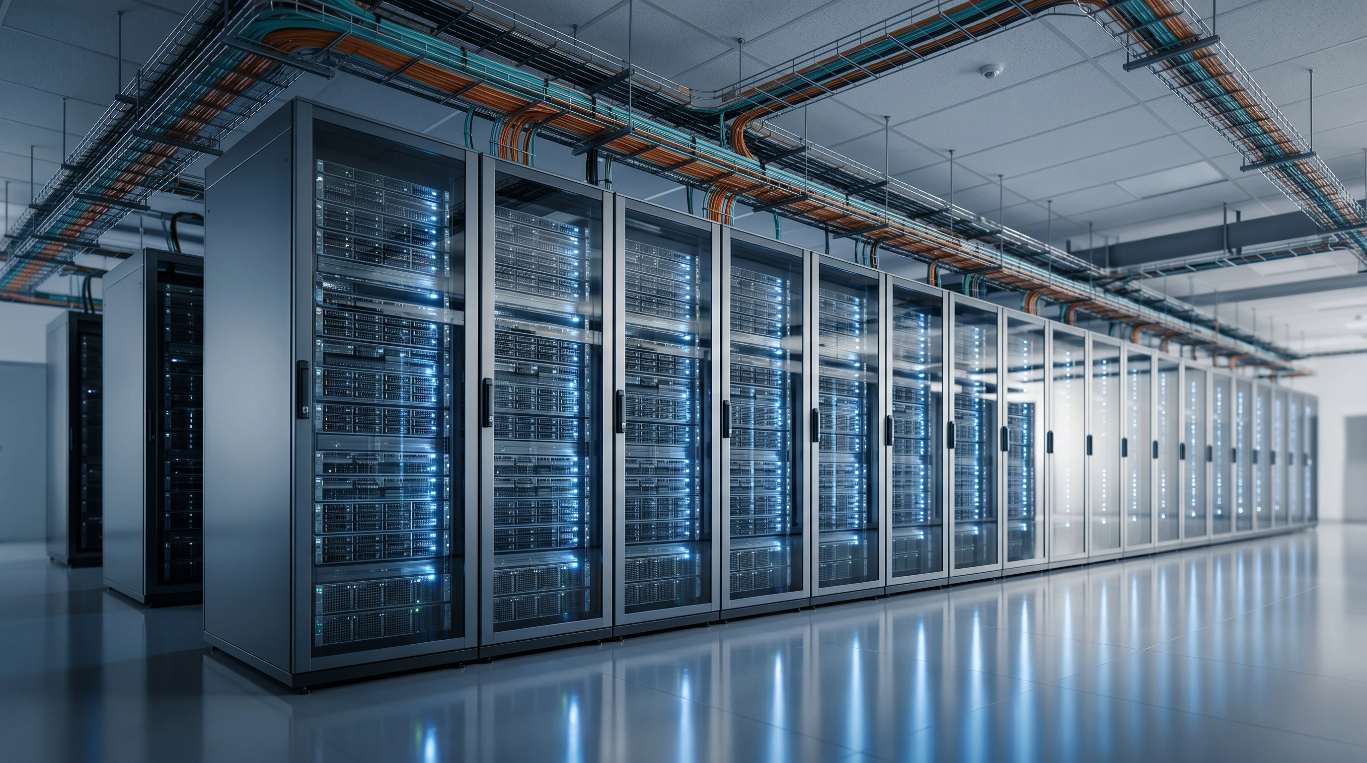 Data centre with rows of illuminated server racks and structured blue network cabling, representing managed IT infrastructure